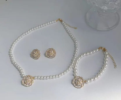 Elegant Flower Design Pearl Stone Set / Necklace/ Earrings /braclet For Women Jewelry
